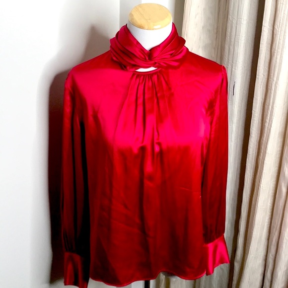 Vintage Tops - VTG Red Silk Satin Balloon Button Sleeve Blouse L